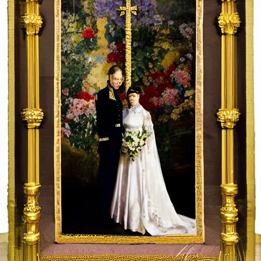 Image similar to A wide full shot, colored Russian and Japanese mix historical fantasy a photograph portrait taken of inside the royal wedding floral covered chapel, photographic portrait, warm lighting, 1907 photo from the official wedding photographer for the royal wedding.