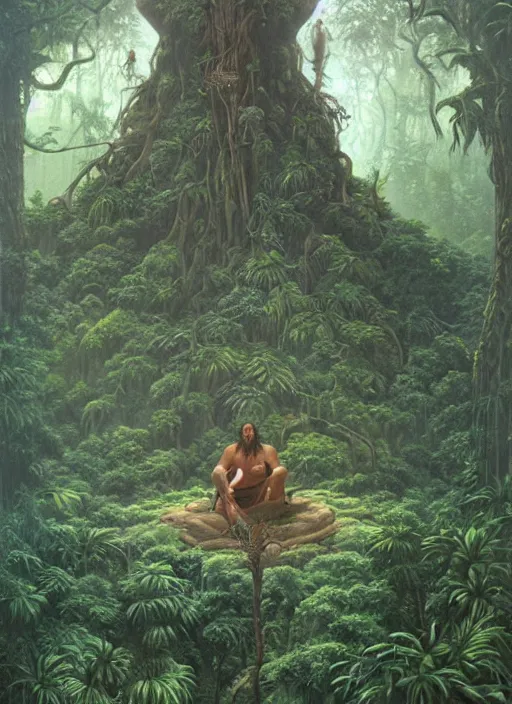 Prompt: a shaman sitting in the jungle, with giant face of an ancestor in a tree behind him, hyper detailed, art by christophe vacher