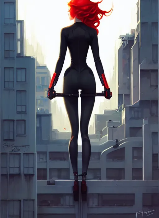 Prompt: peter mohrbacher, phil noto, artgerm, pretty scarlett johansson black widow, symmetrical eyes, long red hair, full body, city rooftop