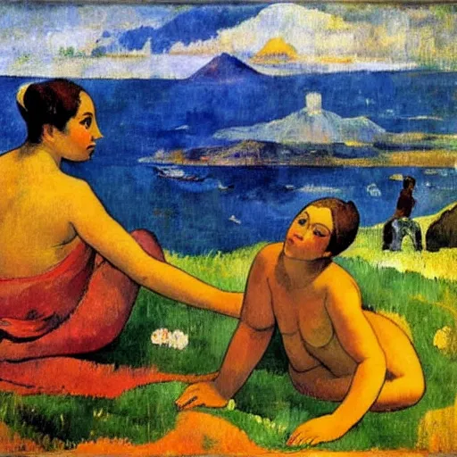 Image similar to Two young ladies bathing close to Naples Vesuvio as Paul Gauguin style