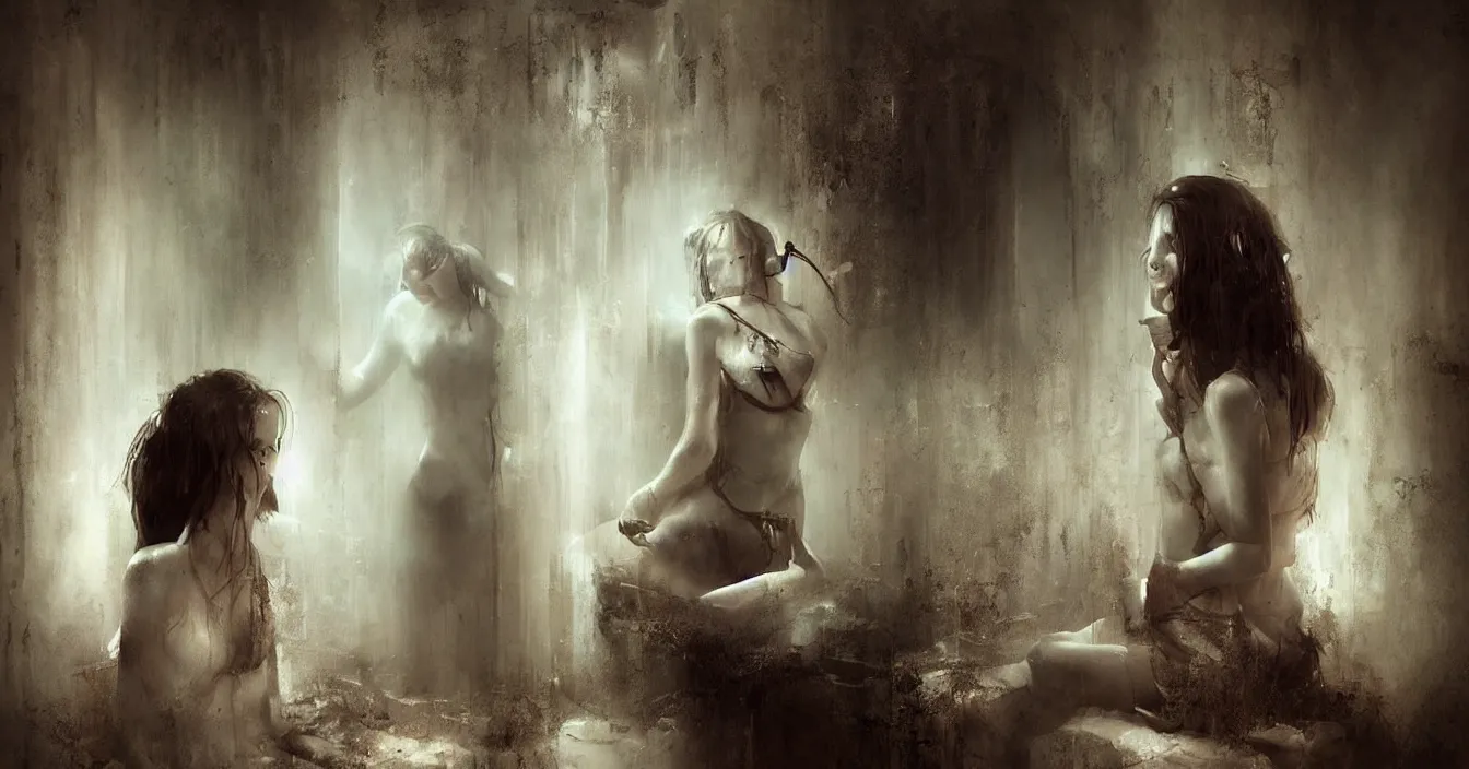 Prompt: dark secret world behind mirror with very deep stillness, dimension of still moment, by bastien lecouffe deharme