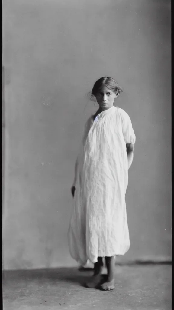 Prompt: girl without wear in white room by lewis hine in 1 9 0 8. black and white, low contrast, 8 k, frontlight, soft lighting, - c 7