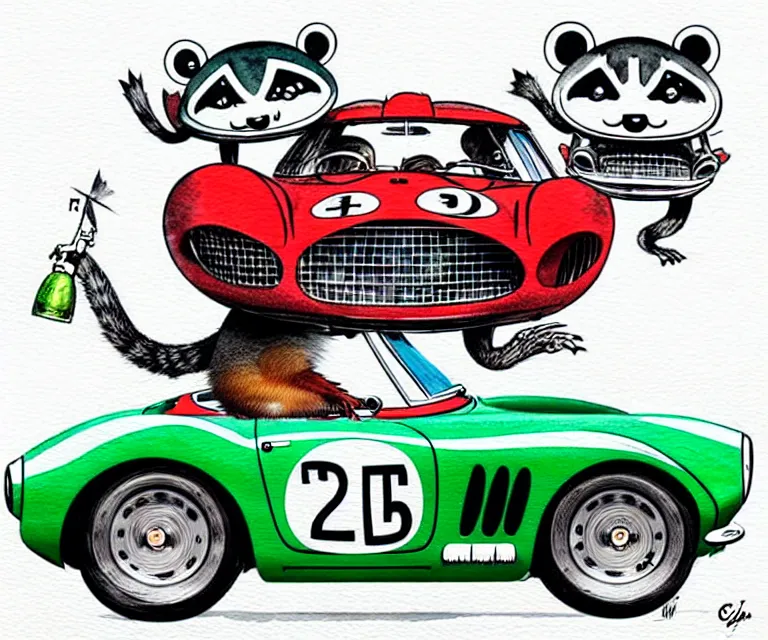 Image similar to cute and funny, racoon wearing a helmet riding in a tiny 1 9 6 2 ferrari 2 5 0 gto, ratfink style by ed roth, centered award winning watercolor pen illustration, isometric illustration by chihiro iwasaki, edited by range murata