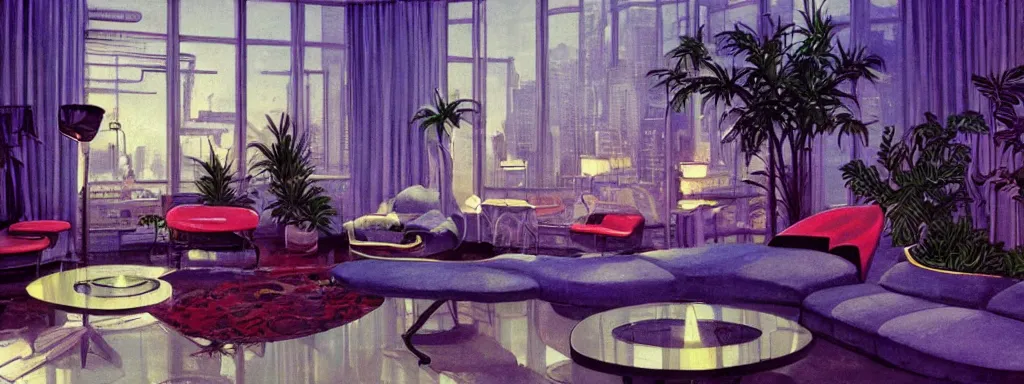 Image similar to concept art, retro - futurist penthouse, night - time, designer furniture, high ceiling, 6 0 s colour palette, plants, flowers, floor lamps, multi - level, reflections, soft lighting, city view, bladerunner, james jean, syd mead, akihiko yoshida, cinematic
