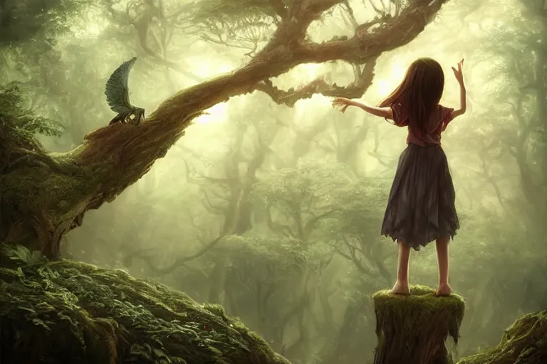 Prompt: a hyperrealistic acrylic painting of a fantasy scene where a little girl is standing on a branch of a huge tree in a magical forest. Volumetric lighting. In the style of Greg Rutkowski, WLOP and Artgerm. Epic fantasy art. Twilight. Surreal.