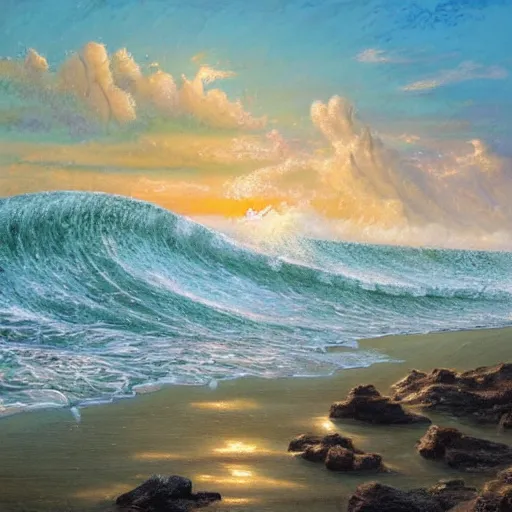 Image similar to beautiful waves crashing on the beach of hawaii, tropical setting, detailed oil painting, 1 9 2 0 ’ s colored pencil, highly detailed, highly accurate, deep aesthetic, 8 k, highly ornate intricate details, cinematic lighting, rich colors, beautiful scenic view, ray tracing, hyperrealistic, photorealistic, cinematic landscape, trending on artstation, concept art,