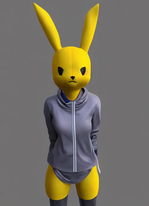 Image similar to vrchat, secondlife, imvu, 3 d model of a girl in a pikachu hoodie, hq render, detailed textures, artstationhd, booth. pm, highly detailed attributes and atmosphere, dim volumetric cinematic lighting, hd, unity unreal engine