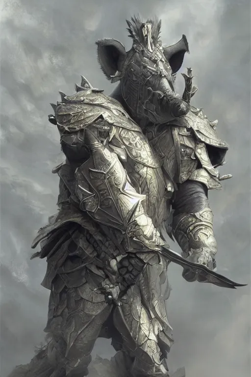 Image similar to a anthropomorphic rhinoceros warrior, wearing samourai armor, diffuse lighting, fantasy, intricate, elegant, highly detailed, lifelike, photorealistic, digital painting, artstation, illustration, concept art, smooth, sharp focus, naturalism, trending on byron's - muse and national - geographic, by greg rutkowski and greg staples