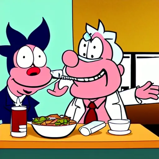 Image similar to rick sanchez and porky pig eating a brisket, cartoon, cell animation, highly detailed