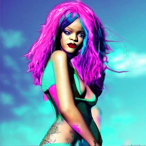 Image similar to rihanna seapunk, water park, creative photo manipulation, creative photoshop, digital art