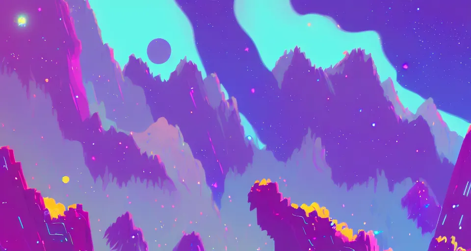 Image similar to galactic mountains surrounded with spiriling sparkling rainbow crystals and galaxies, hyper light drifter color pallet, trending on artstation