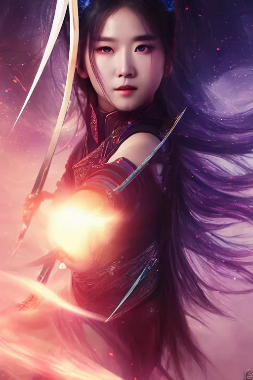 Image similar to beautiful cinematic fantasy poster, wuxia sword dance heroine, beautiful glowing galaxy eyes, hybrid from Dynasty Warriror and art direction by tian zi, WLOP, Darius Zawadzki cinematic quality character render; low angle; ultra high quality model; production quality cinema model;