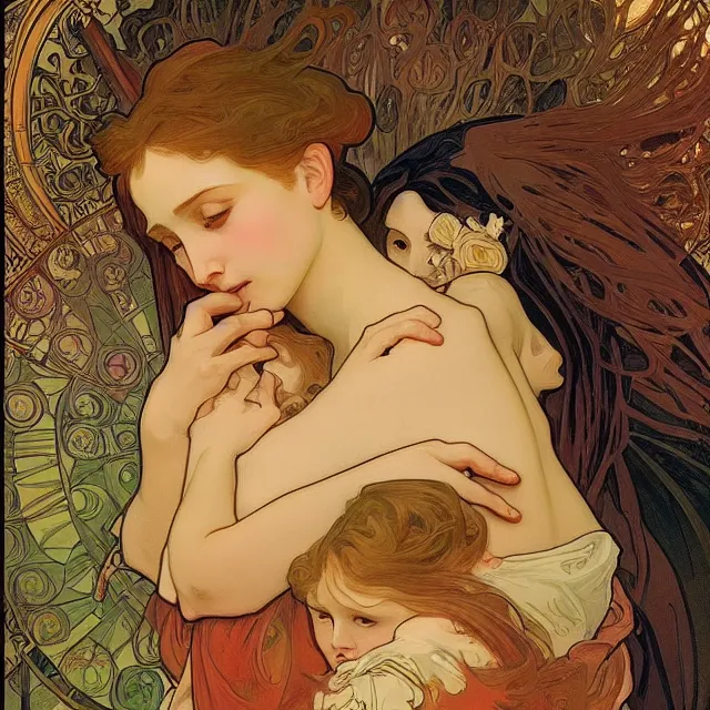 Image similar to an aesthetic! detailed portrait of an aesthetic woman crying mournfully while holding a child, by alphonse mucha, oil on canvas, bright colors, art nouveau, epic composition, dungeons and dragons fantasy art, hd, god - rays, ray - tracing, crisp contour - lines, huhd - 8 k