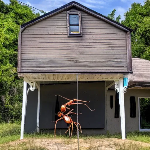 Image similar to a photo of a giant ant on an house, wide angle