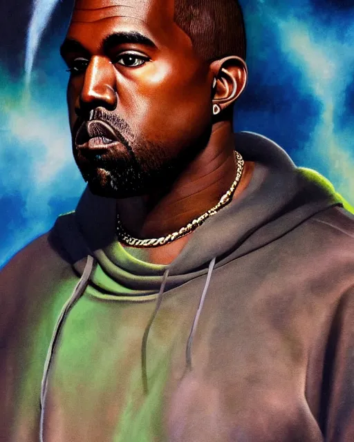 Prompt: kanye west in donda listening party mercedes benz stadium, airbrush, drew struzan illustration art, key art, movie poster