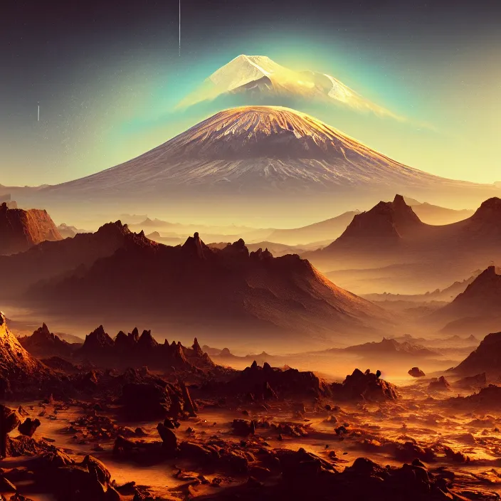 Prompt: retrofuturism old rct screen, ultra realistic illustration, mount kilimanjaro surrounded by an apocalyptic landscape, elegant, highly detailed, digital painting, concept art, smooth, sharp focus, volumetric lighting, photorealistic rendering, artstation, redshift, octane, golden ratio