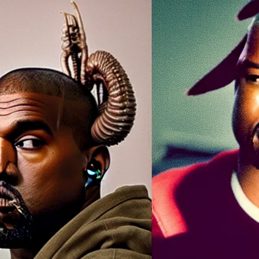 Image similar to kanye with a facehugger from alien on his head