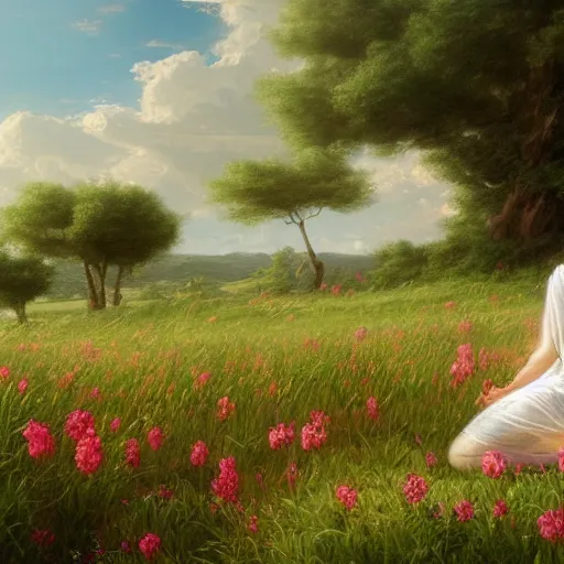 Prompt: landscape, white haired girl kneeling in the middle of a flower field in the background, white clothes, highly detailed, artstation, photorealistic, by thomas cole