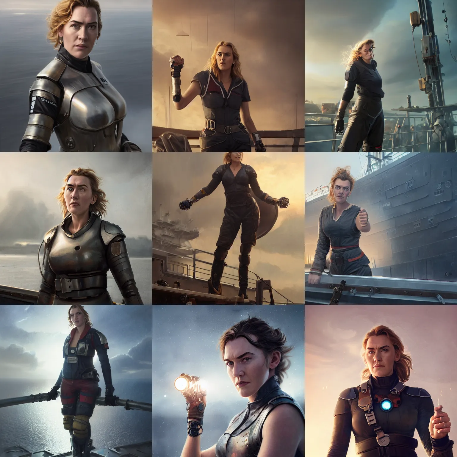 Image similar to a heroic portrait of young Kate Winslet mechanic with one prosthetic metallic gauntlet standing on a ship deck by Greg Rutkowski, ultra realistic, Sung Choi, photorealistic 8k, cinematic lighting, HD, high detail, atmospheric, trending on artstation