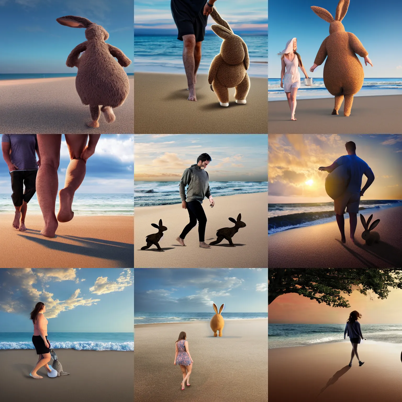 Prompt: a giant bunny walking its owner on the beach. hyperreal. realistic. high resolution. 8k. studio lighting.