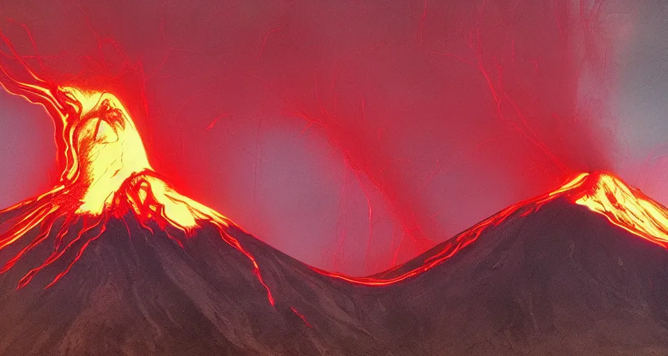 Image similar to a volcano made of ivory vines and crimson rocks enters in eruption, it spits a smoke in the shape of demonic eye, by Akira Toriyama