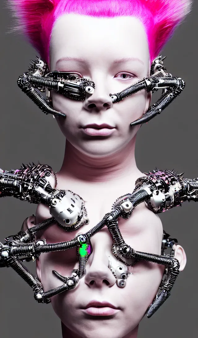 Image similar to portrait of a biomechanical goddess wearing a steel spikes studded iridescent beauty mask and pink hair buns, wearing a black bodysuit by alexander mcqueen, cream white background, soft diffused light, biotechnology, humanoid robot, perfectly symmetric, bjork aesthetic, translucent, by rineke dijkstra, intricate details, highly detailed, masterpiece,