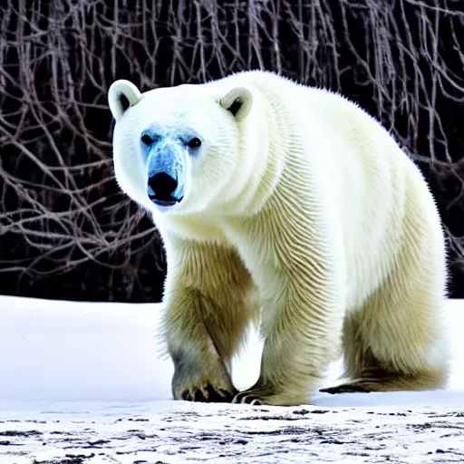 Image similar to ink painting The polar bear is white and fuzzy, and it's walking across a field of snow. The snow is deep and pristine, and the air is frigid. The polar bear is trudging through the snow, its head down and its breath visible in the cold air, by wu daozi, qiu ying, gu gaizhi