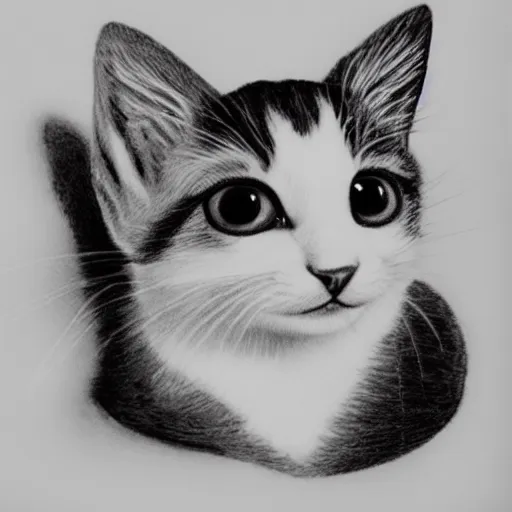 Image similar to black and white marker drawing of a baby kitten, floating head, white background