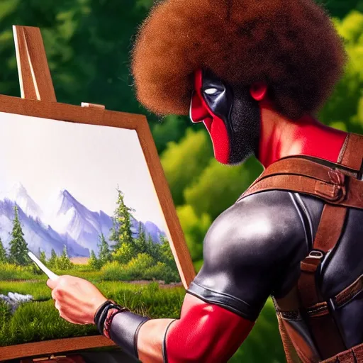 Image similar to a closeup photorealistic photograph of bob ross working on a canvas painting of deadpool. film still. brightly lit scene. mountains and trees. this 4 k hd image is trending on artstation, featured on behance, well - rendered, extra crisp, features intricate detail, epic composition and the style of unreal engine.