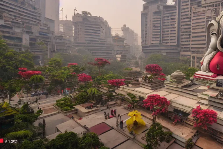 Image similar to beautiful futuristic new delhi, sharp sci - fi ganesha!! building, kalighat flowers, highly detailed cinematic, stephen shore & john j. park, soft morning light, wide shot, high angle, uhd 8 k, editorial photography