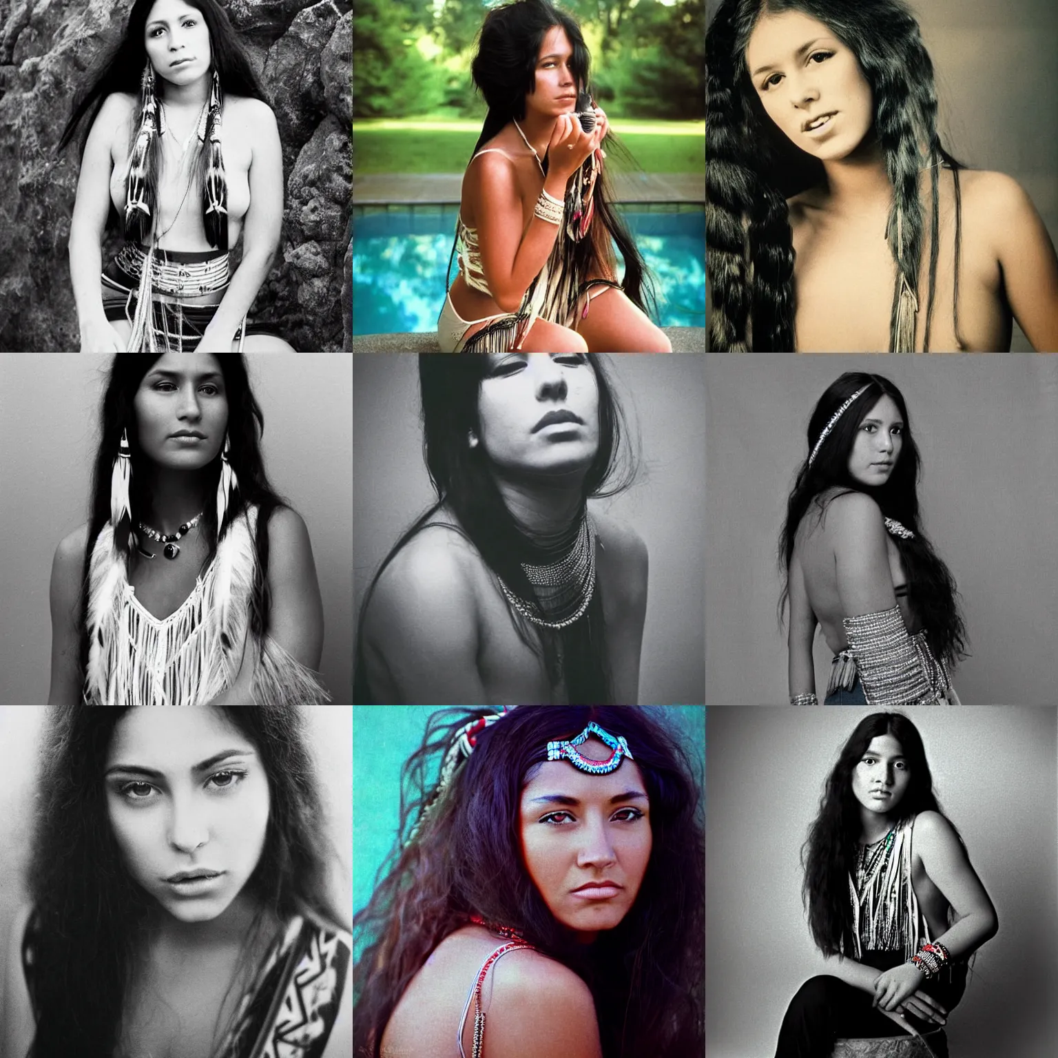 Prompt: clear photo of a beautiful and young female singer of native american descent taken in 1 9 7 6, high quality, highly detailed 7 0 s style photography, long dark hair, elegant pool, trending on pinterest, aesthetically beautiful, elegant, studio photography