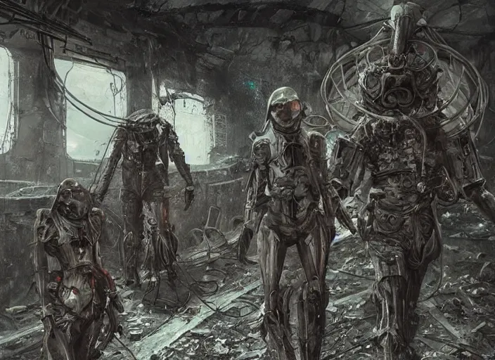 Prompt: concept art of group of high tech nomands from the future exploring abandoned laboratory from cold war era, apocalyptic road warrior vibe, an ultrafine detailed painting by by karol bak and filip hodas, trending on deviantart, pop surrealism, whimsical, lowbrow, perfect symmetrical face, sharp focus, octane, masterpiece, art by hans giger and wayne barlowe