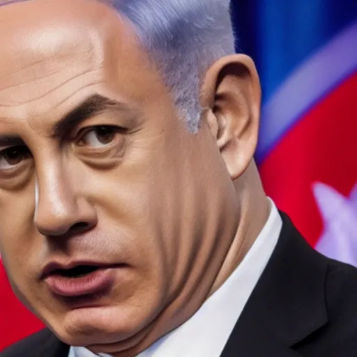Image similar to Benjamin Netanyahu on live television lying about himself to an interviewer, long nose