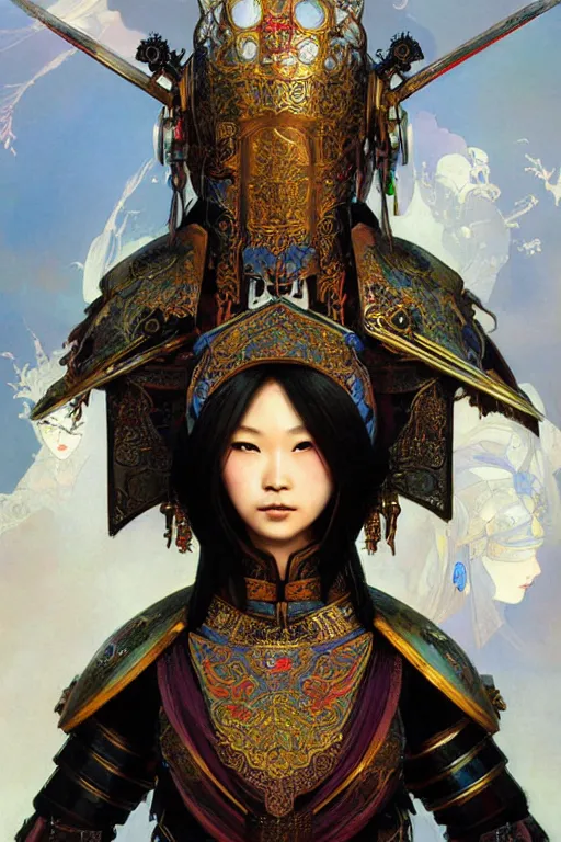 Image similar to beautiful and divine and holy and elite and colorlpunk young three kingdom chinese female armor knight portrait +shinnyy eyes+front face with light flowing hair, ultradetail face, art and illustration by tian zi and craig mullins and WLOP and alphonse mucha, fantasy, intricate complexity, human structure, human anatomy, fantasy character concept, watermark, blurry, hyperrealism 8k