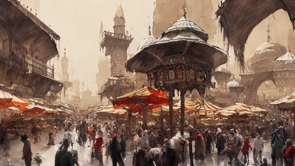 Image similar to Crowded arabic grand bazaar square filled with marketplace stand tents, papyrus, watercolored, jakub rozalski, dark colours, dieselpunk, artstation