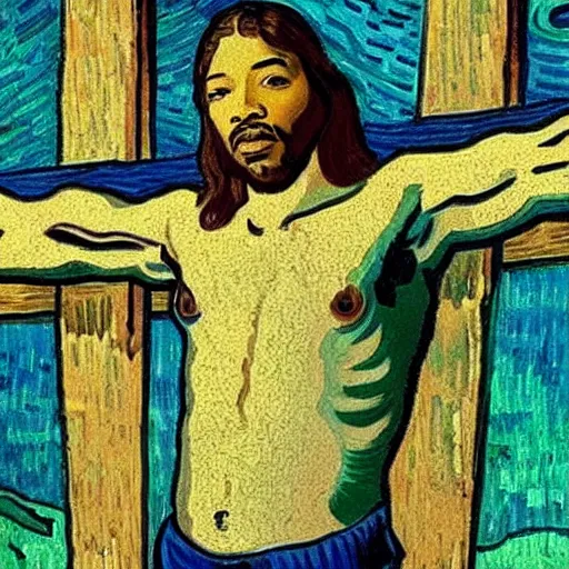 Prompt: Ja-rule appears as Jesus, crucified on cross, painting by Van Gogh