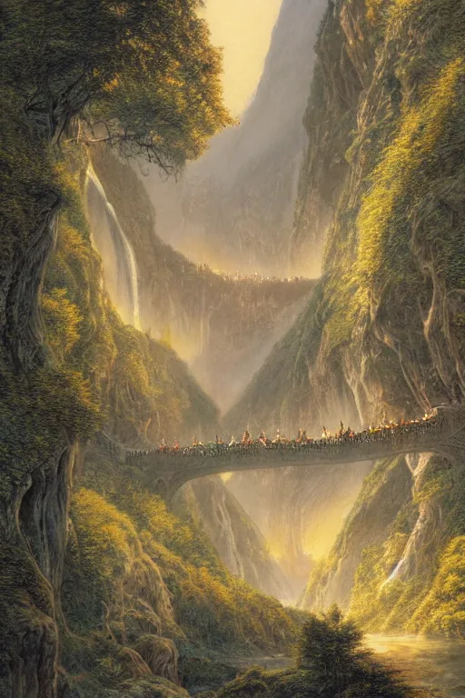 Image similar to beautiful detailed matte painting of Rivendell at the gorge, evening, Alan Lee, Artstation
