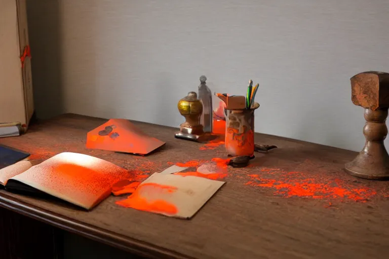 Image similar to office desk with a spilled glowing orange potion, 1 2 th century fantasy photograph