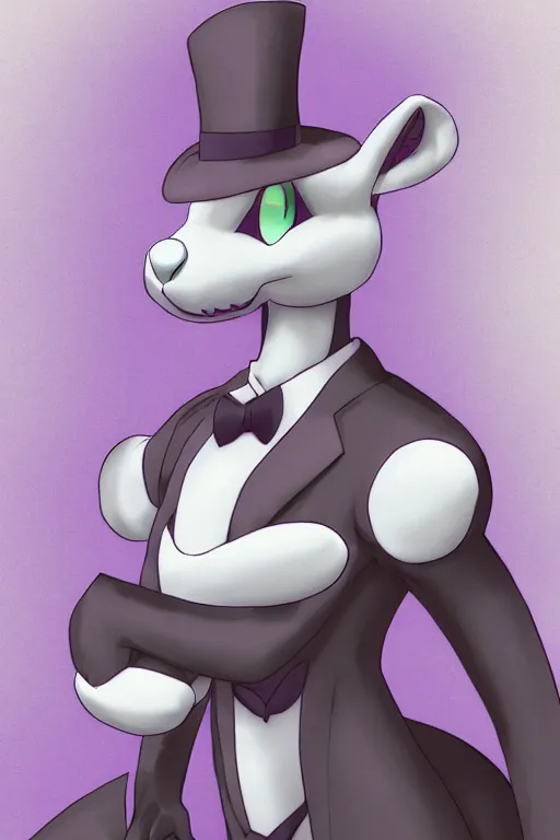 Image similar to mewtwo furry wearing a top hat and suit, highly detailed, digital art, sharp focus, ambient glow, trending on art station, anime art style