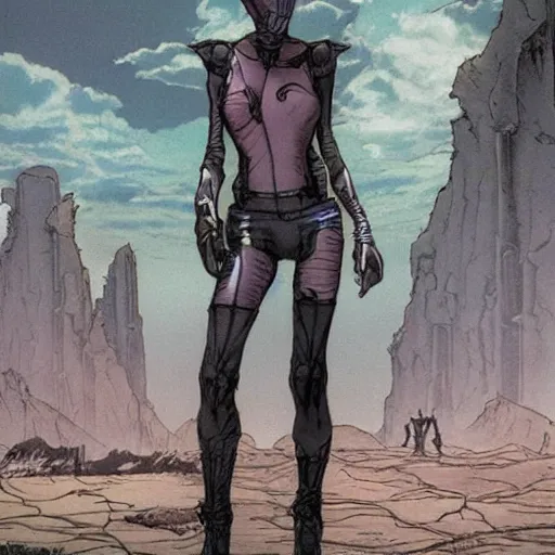 Prompt: a cyberpunk woman walks in the desert, in the distance you can see a futuristic city, art by moebius, highly detailed, sharp focus,