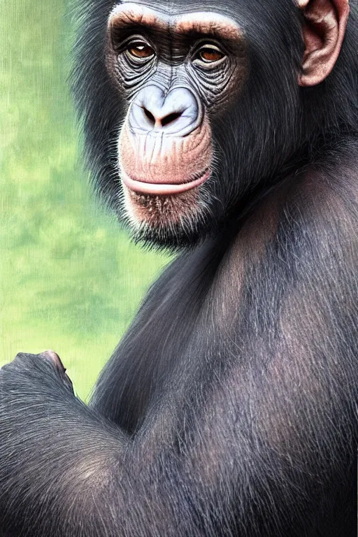 Image similar to photorealistic portrait photograph of a chimpanzee as a glorious regal space king, sleek outfit, upper body, fantasy, handsome, depth of field, soft focus, highly detailed, intricate, realistic, national geographic cover, soft glow, textured, artstation, concept art, sharp focus, illustration, art by artgerm and greg rutkowski and alphonse mucha