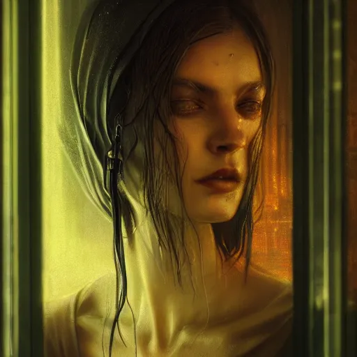 Prompt: detailed face of a woman, moment, cyberpunk mosque interior, displays, tech noir, wet reflections, atmospheric, ambient, livia prima, greg rutkowski, edward hopper