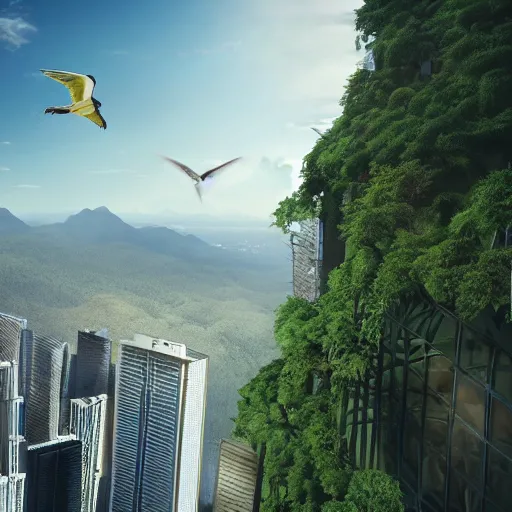 Image similar to extreme wide shot a flock of bird sitting on top of futuristic containment building in a rainforest valley with a city in the distance, national geographic, hyper realistic, 4 k, warm light, the will to endure, artstation