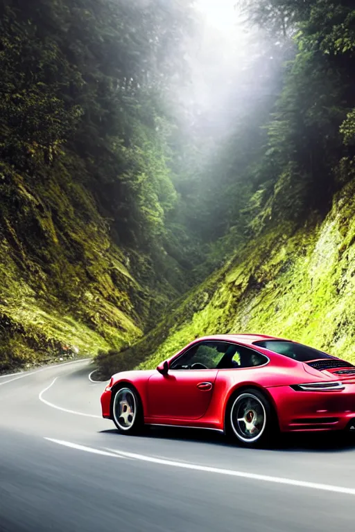 Image similar to Photo of a Porsche 911 Carrera 3.2 on a winding road through mountains and forests, volumetric lighting, highly detailed, technicolor.