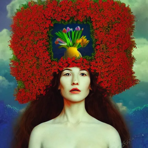 Image similar to surreal flowerheaded girl, flowerfield