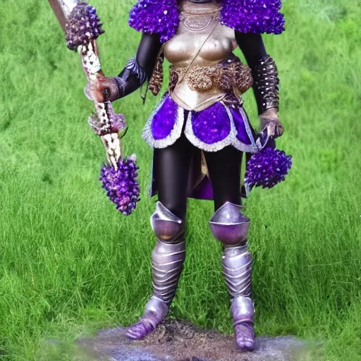 Image similar to full body photo of a beautiful female warrior with amethyst encrusted armour