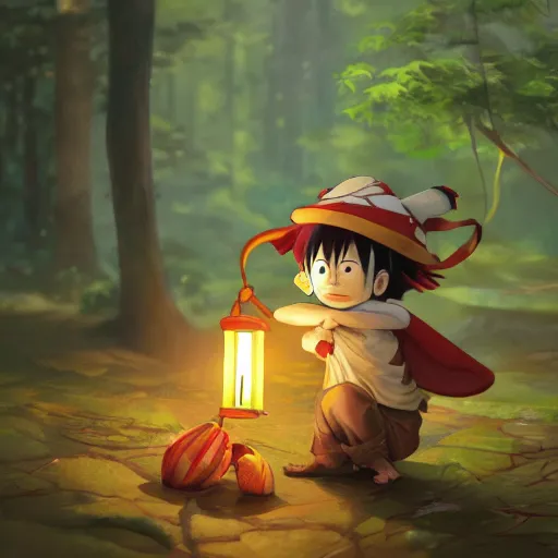 Prompt: concept art painting of an anthropomorphic luffy chipmunk wearing a yellow cloak, holding a lantern, in the deep forest, realistic, detailed, cel shaded, in the style of makoto shinkai and greg rutkowski and james gurney