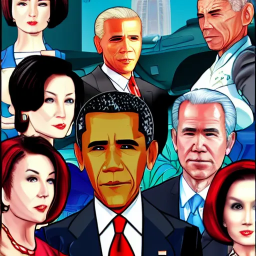 Image similar to gta chinatown wars art style as joe biden, george w bush, nancy pelosi, hot asian babes, obama, on next gta poster, hyperrealistic, rgba colors, remove duplicate content, justify contents center.