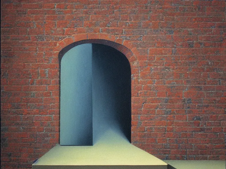 Image similar to an open door to nothingness in brick wall, painting by rene magritte, high detail!!, high resolution!!