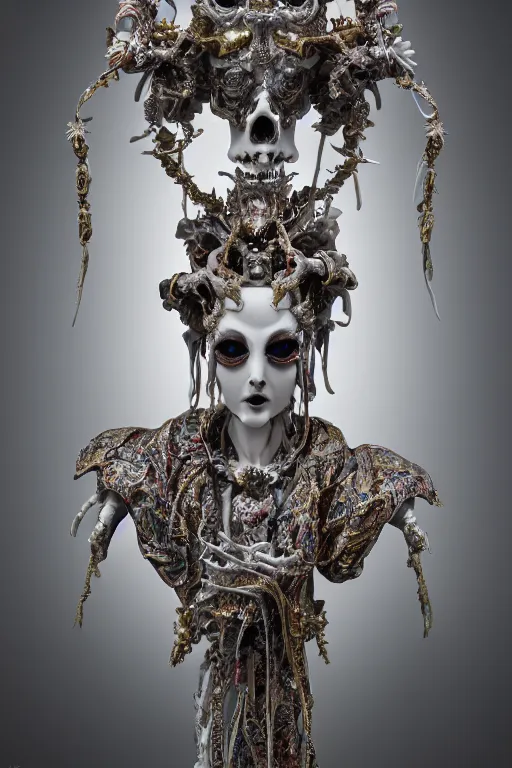 Prompt: white porcelain statue of boned matte sacred demon goddess, sculpture with metallic polished intricated surface, dressed with a colorful torn silk cloak and chrome ornaments, made by antonio corradini, and dug stanat macabre art, dark surrealism, epic and cinematic view, volummetric light, texturized, detailed, 8 k